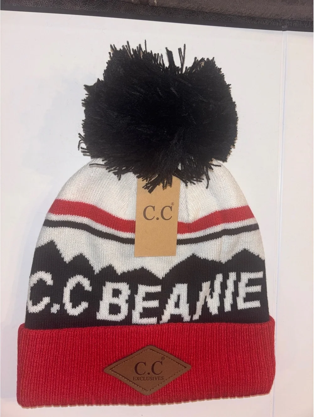 C.C Beanie Pom Pom Knit Winter Hat Red Black White NWT One Size